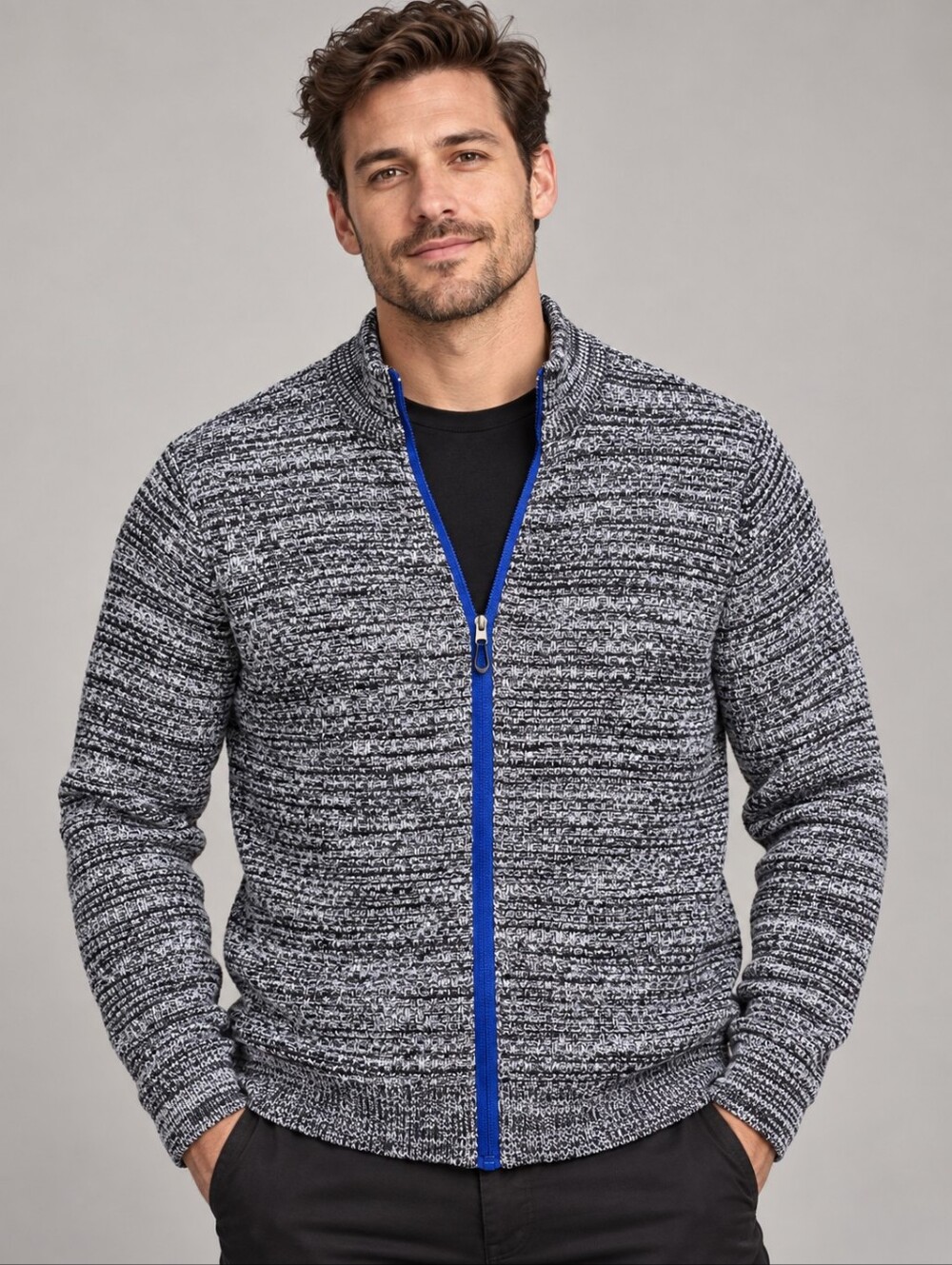 Mark Law Gray Full-Zip Sweater with Blue Trim
